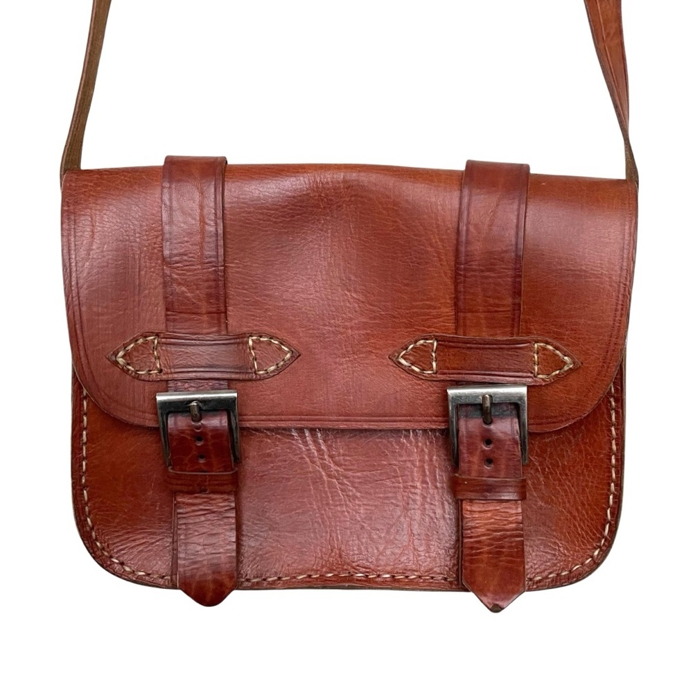 Vintage Handmade Boho Leather Messenger Crossbody Bag Brown